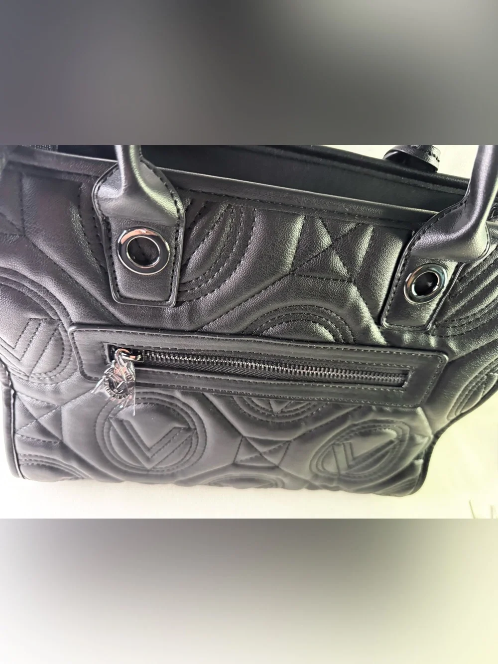 Black Quilted Tote Bag with Removable Pouch and Charm Valentino Orlandi